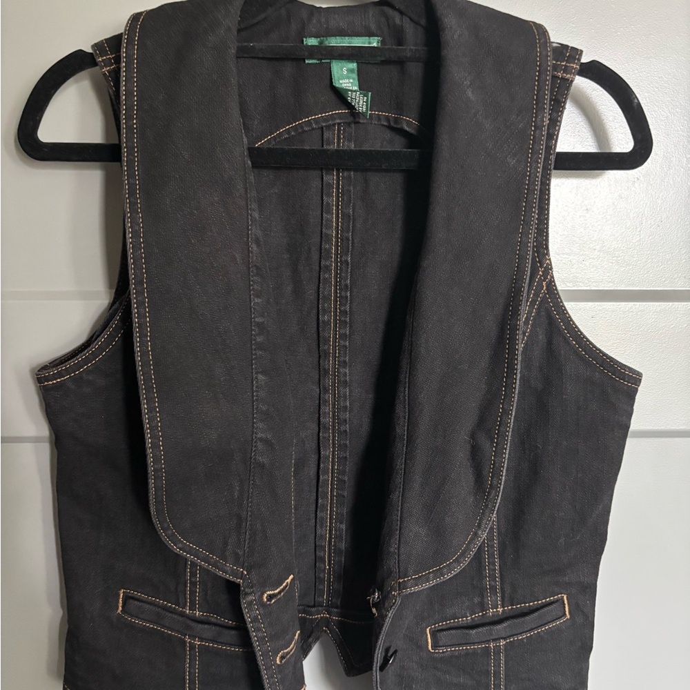 Ralph Lauren Black Denim Vest with Gold Stitching